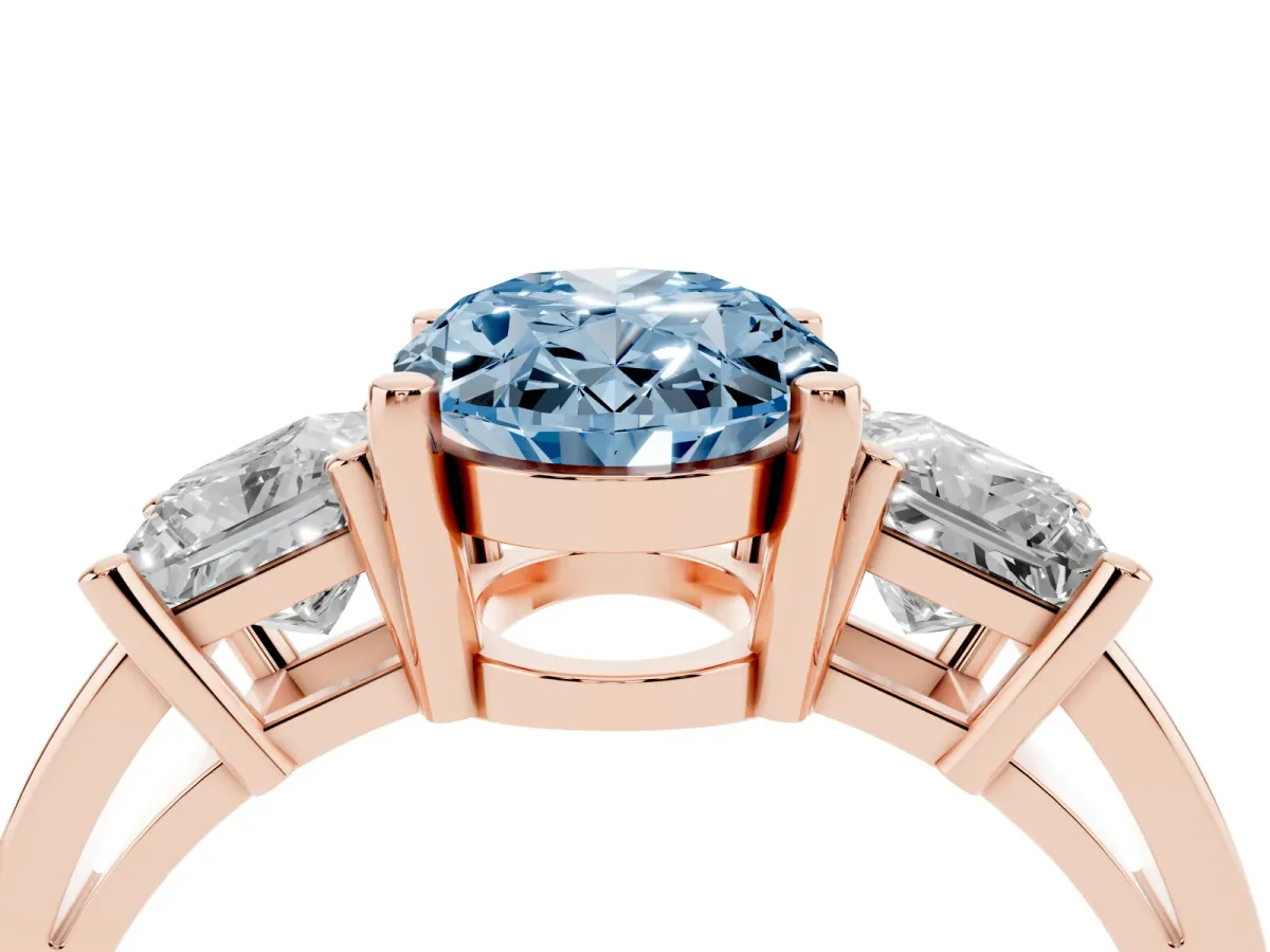 Fancy Blue Three-Stone Oval Cut Cut Solitaire Ring with Prong Setting Rose gold