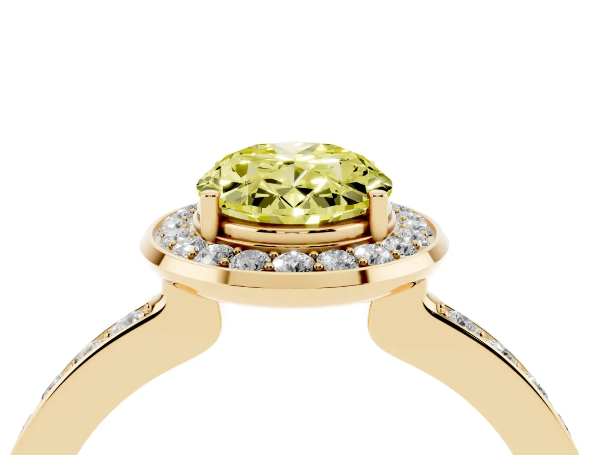 Fancy Yellow Oval Cut Diamond Halo Ring with Bezel Frame and Pavé Band Yellow gold