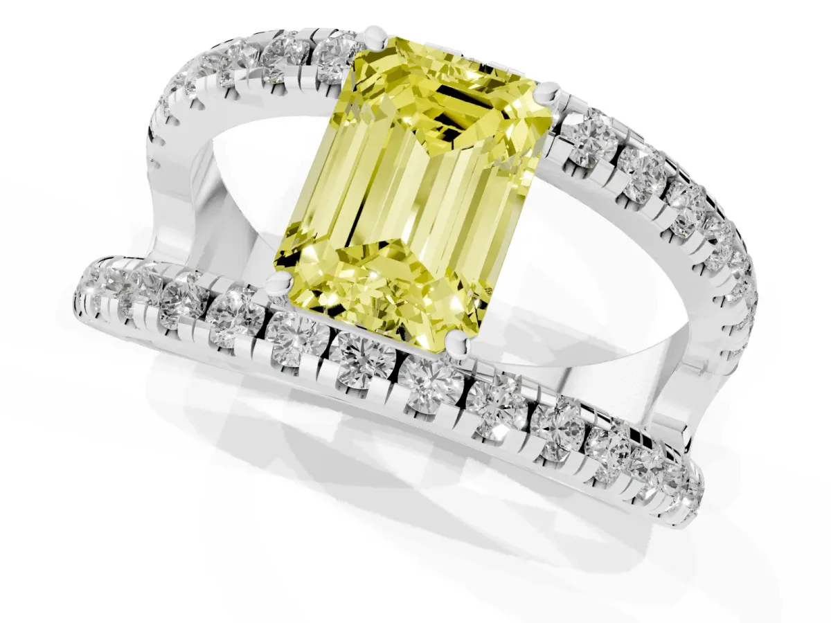 Fancy Yellow Emerald Cut Solitaire Split Shank Pave Diamond Ring Silver