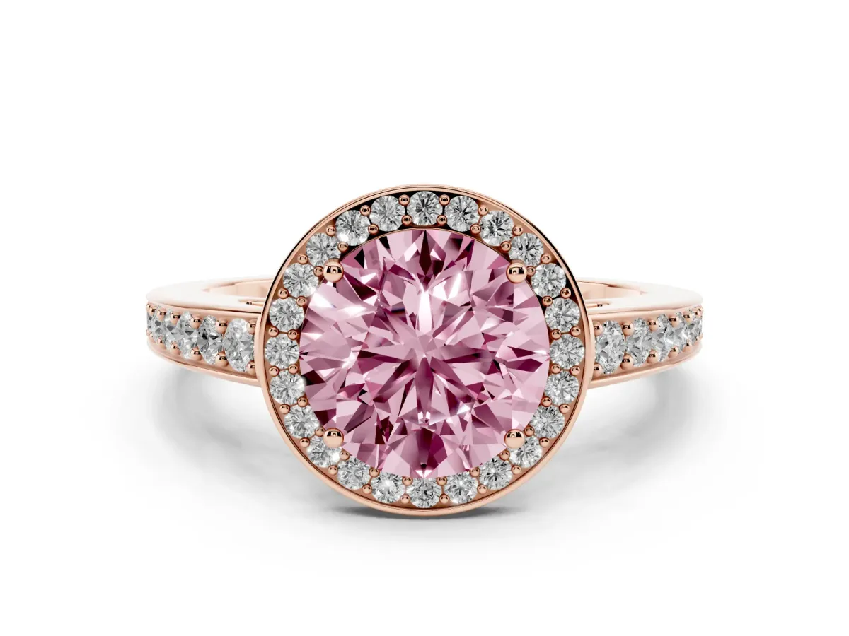 Fancy Pink Round Cut Halo Pavé Diamond Engagement Ring with Bezel Setting Rose gold