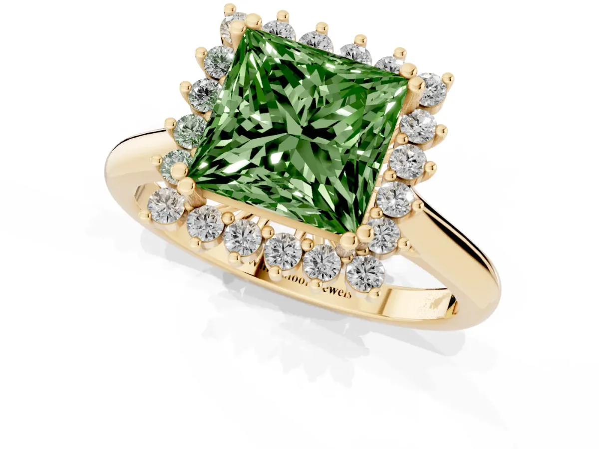 Fancy Green Princess Cut Cut Diamond Halo Ring with Solitaire Band and Prong Setting Yellow gold