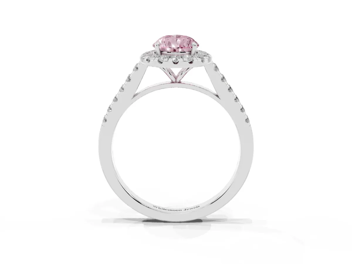 Fancy Pink Pear Cut Halo Pave Diamond Engagement Ring with Four-Prong Setting Silver