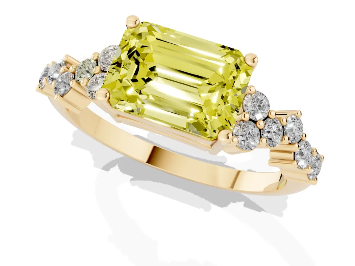 Fancy Yellow Emerald Cut Diamond Scattered Round Accent Ring with Prong Setting Yellow gold
