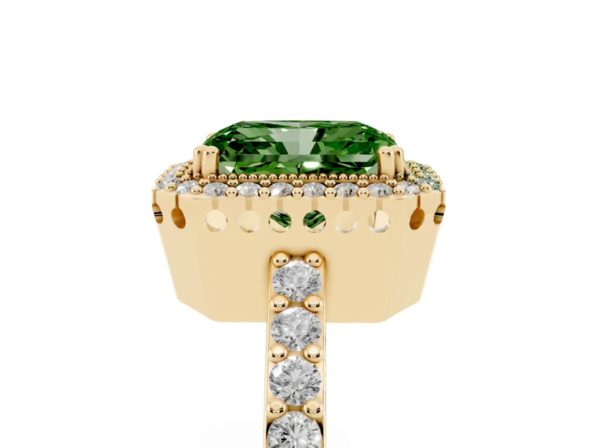 Fancy Green Radiant Cut Cut Diamond Halo Engagement Ring with Milgrain Detail and Pavé Band Yellow gold