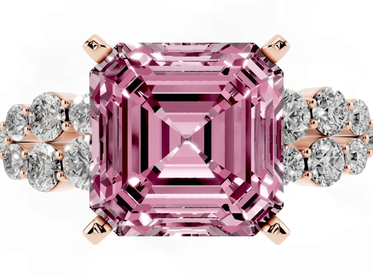 Fancy Pink Asscher Cut Cluster Diamond Engagement Ring with Pavé Band and Four-Prong Setting Rose gold