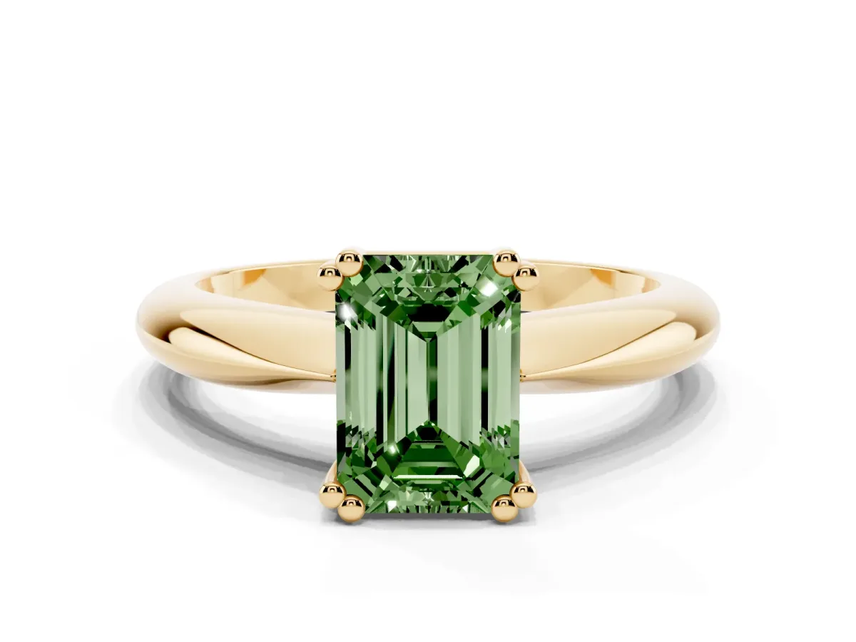 Fancy Green Emerald Cut Cut Solitaire Engagement Ring with Tapered Band and Four-Prong Setting Yellow gold
