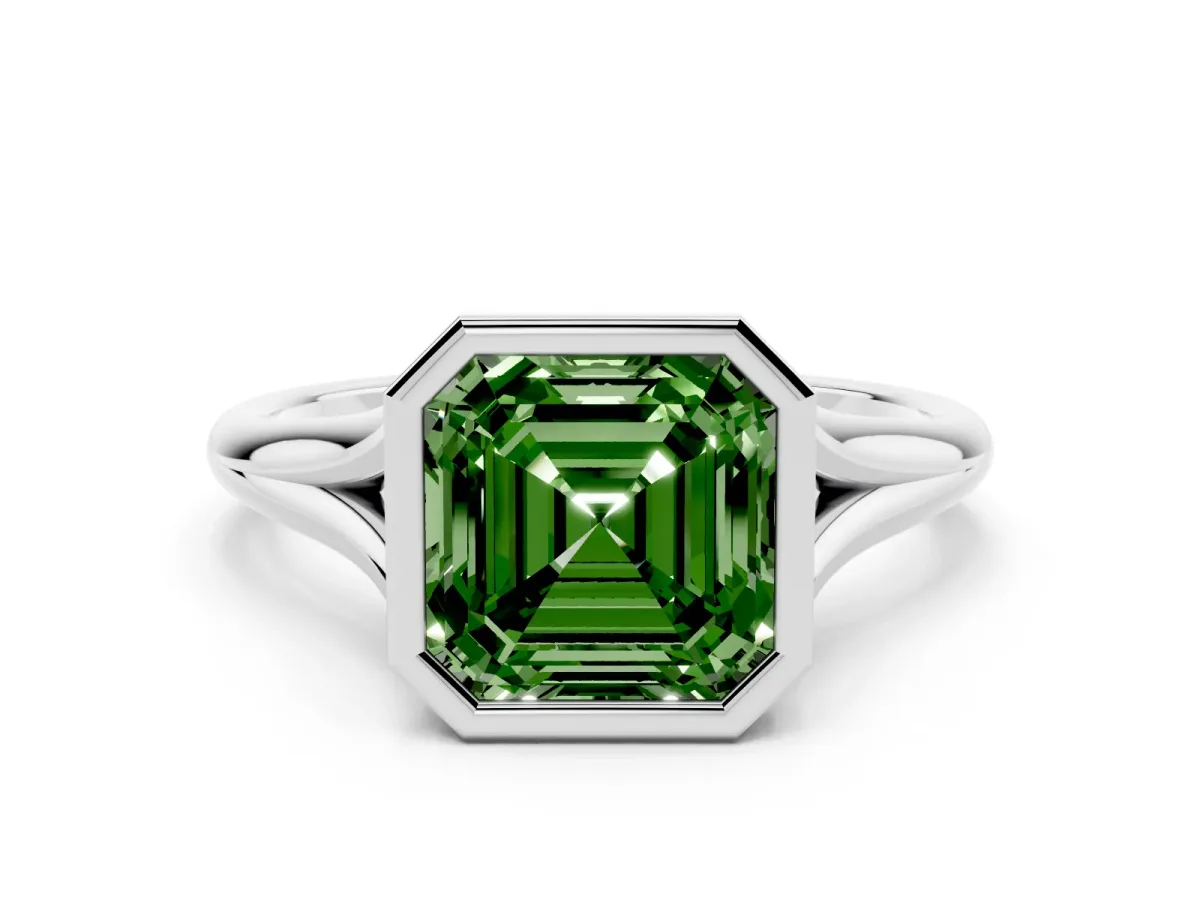 Fancy Green Bezel Set Asscher Cut Cut Solitaire Ring with Tapered Band Silver