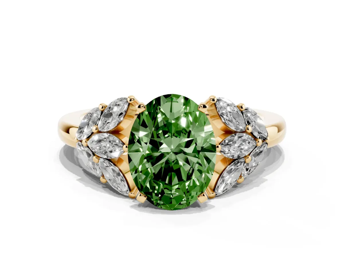 Fancy Green Oval Cut Diamond Cluster Leaf Design Ring with Prong Setting Yellow gold
