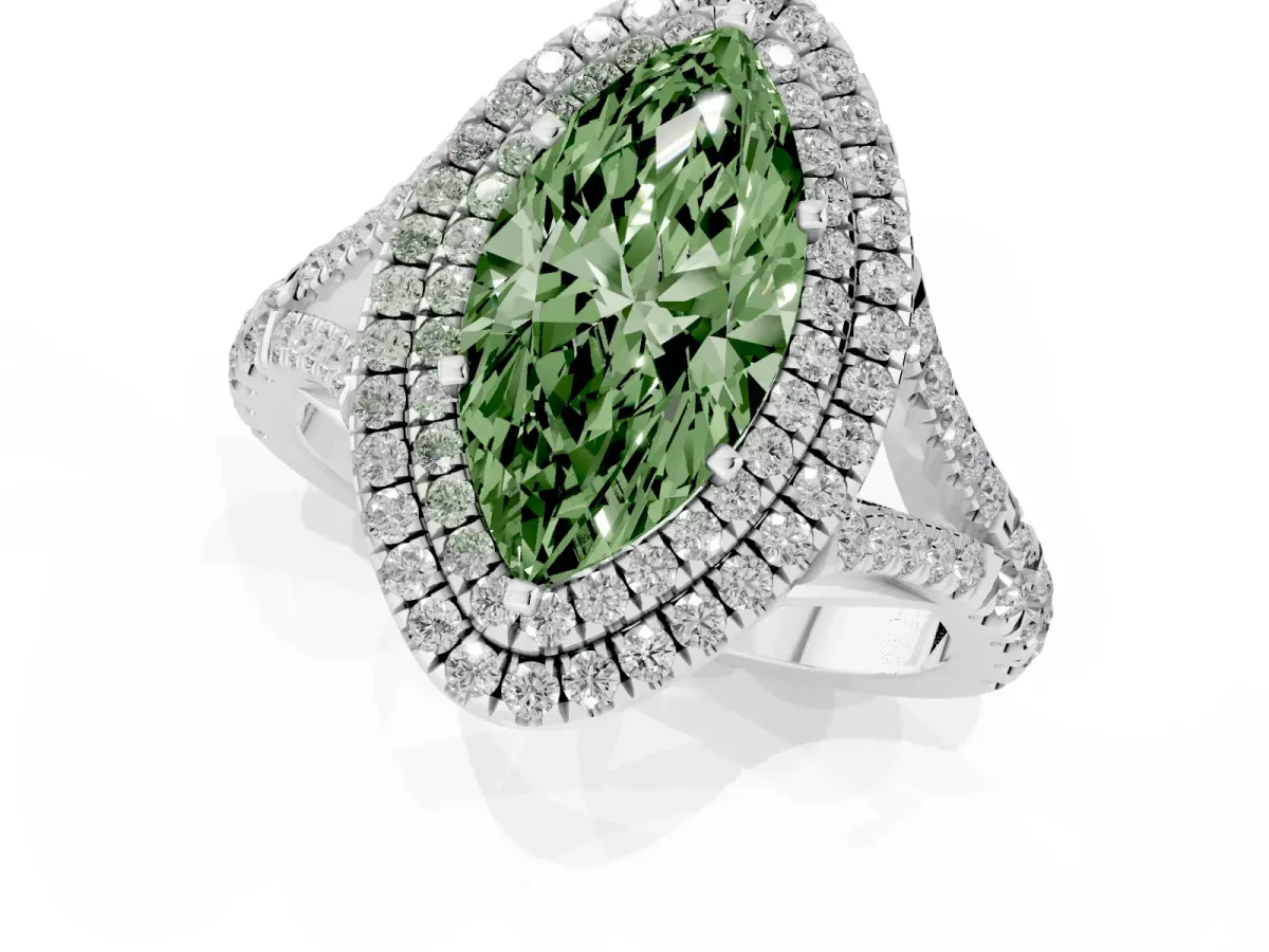 Fancy Green Double Halo Marquise Cut Diamond Split Shank Engagement Ring with Four-Prong Setting Silver