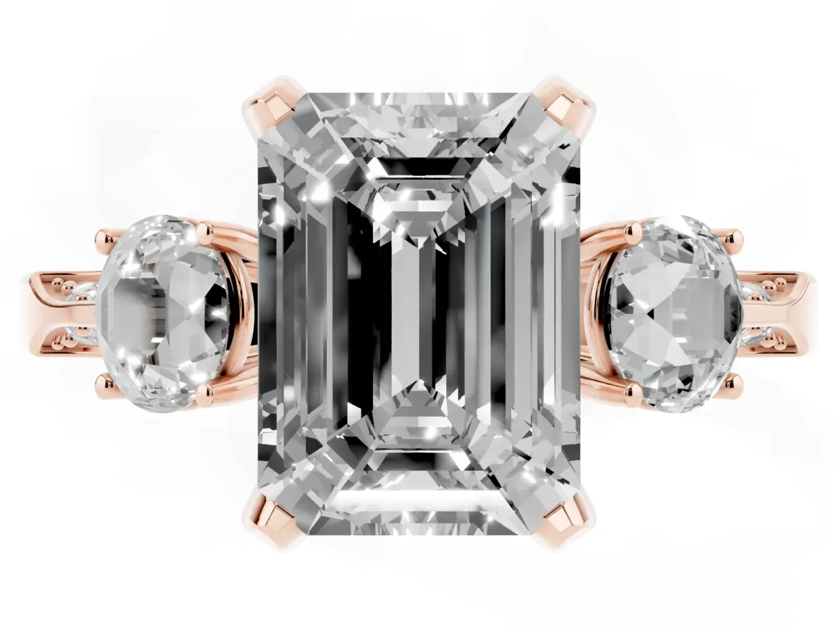 Fancy Green Emerald Cut Brilliant Three-Stone Diamond Ring with Pavé Band and Four-Prong Setting Rose gold