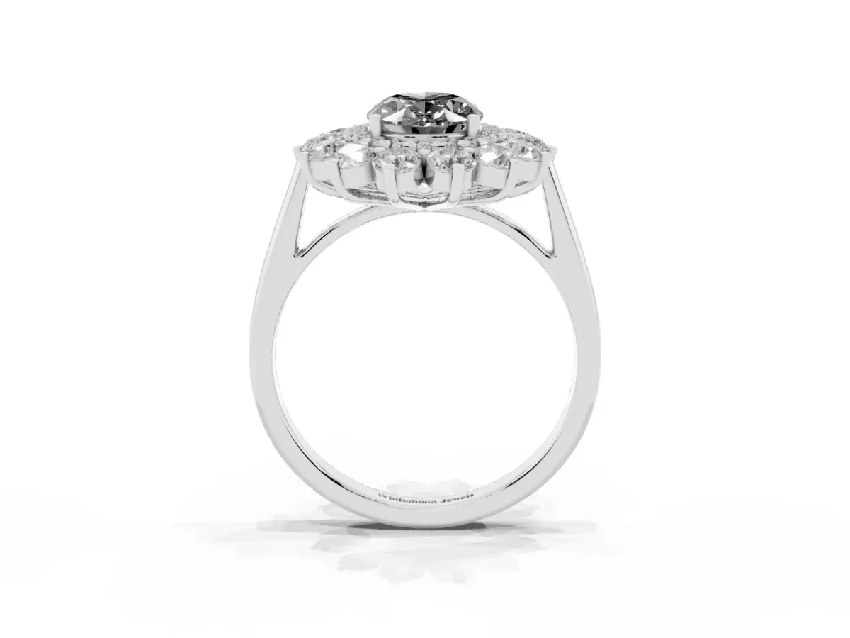 Fancy Black Oval Cut Diamond Floral Double Halo Engagement Ring with Prong Setting Platinum
