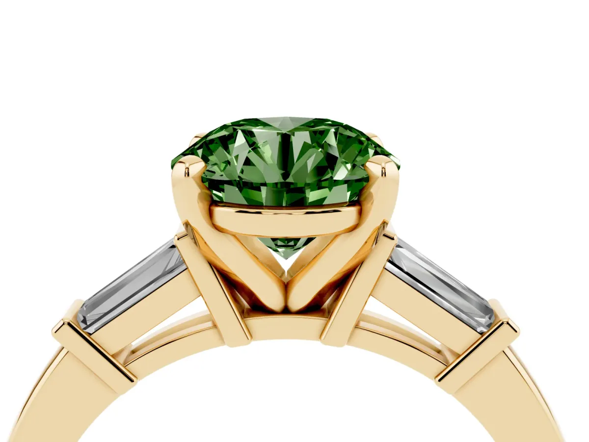 Fancy Green Round Cut Cut Diamond Solitaire Ring with Tapered Baguette Accents and Four-Prong Setting Yellow gold