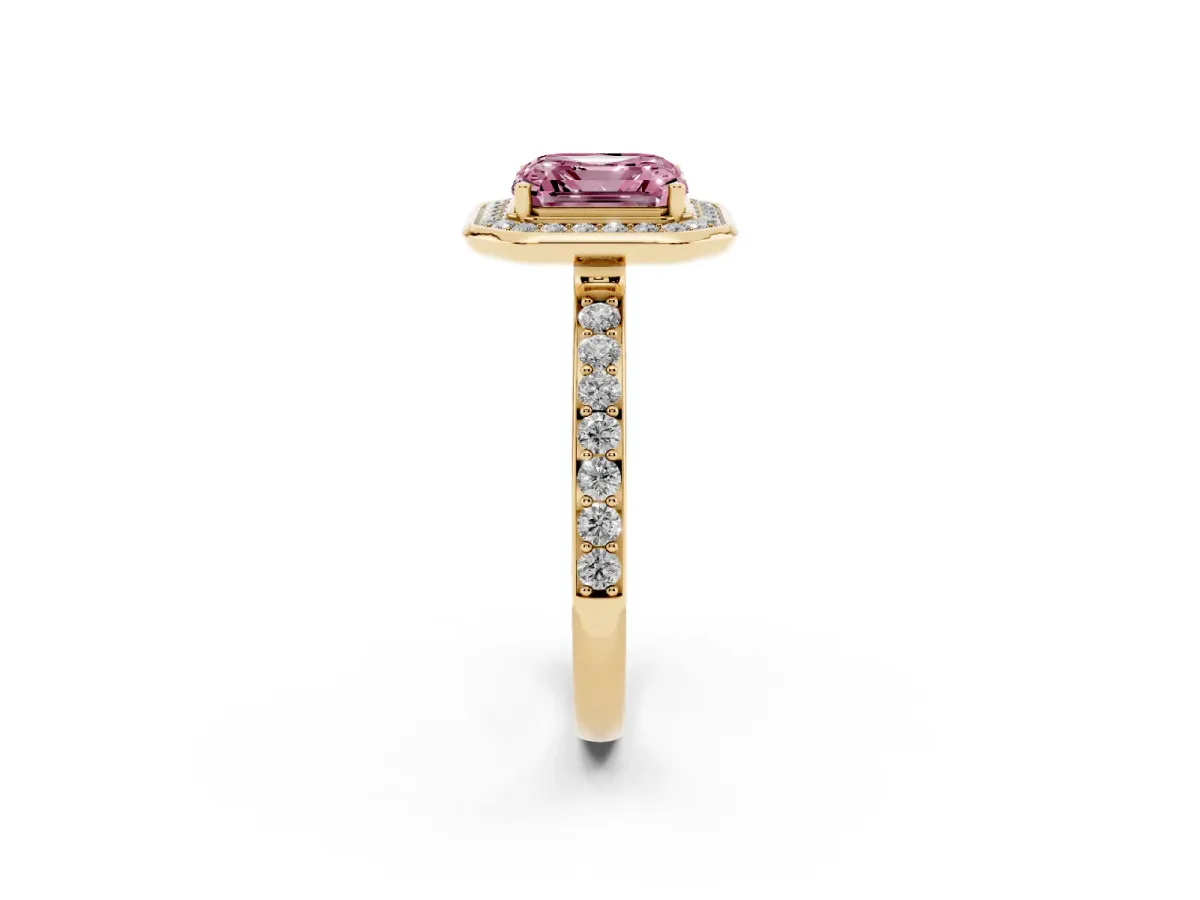 Fancy Pink Asscher Cut Diamond Halo Ring with Bezel Frame and Pavé Band Yellow gold