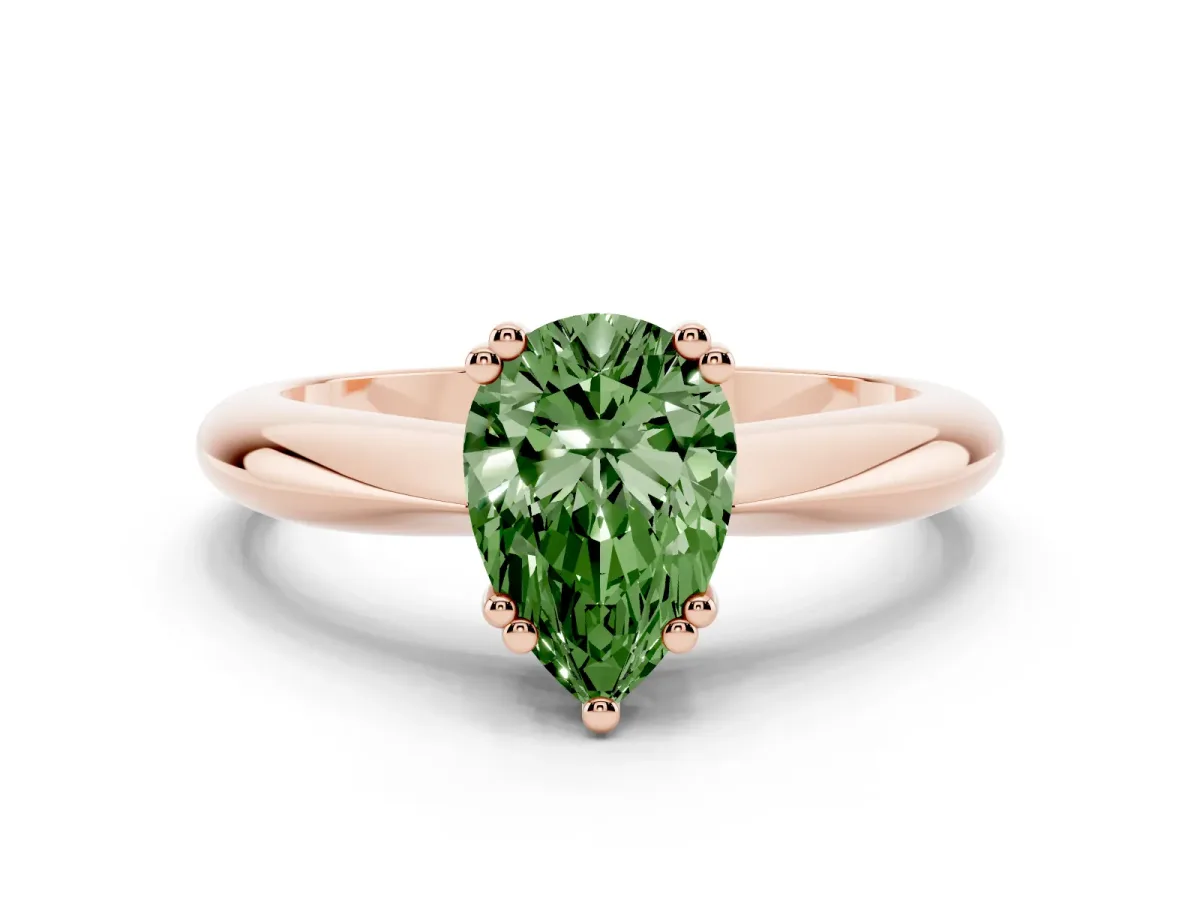 Fancy Green Pear Cut Cut Solitaire Engagement Ring with Tapered Band and Four-Prong Setting Rose gold