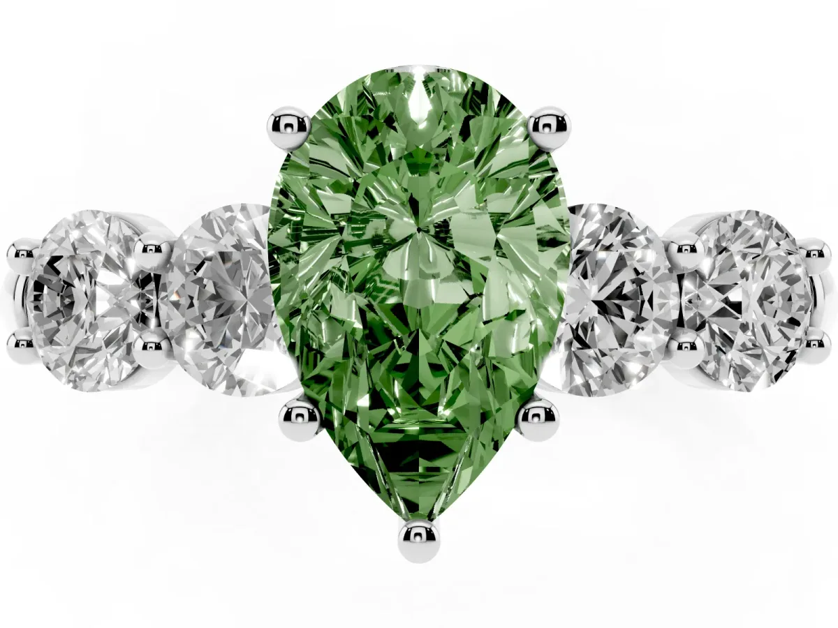 Fancy Green Pear Cut Cut Five-Stone Prong Set Diamond Ring with Classic Band Silver