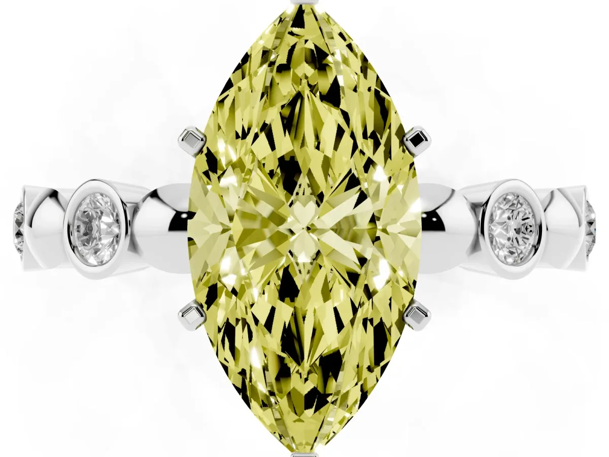 Fancy Yellow Marquise Cut Solitaire Bezel-Set Diamond Ring with Beaded Band and Four-Prong Setting Silver