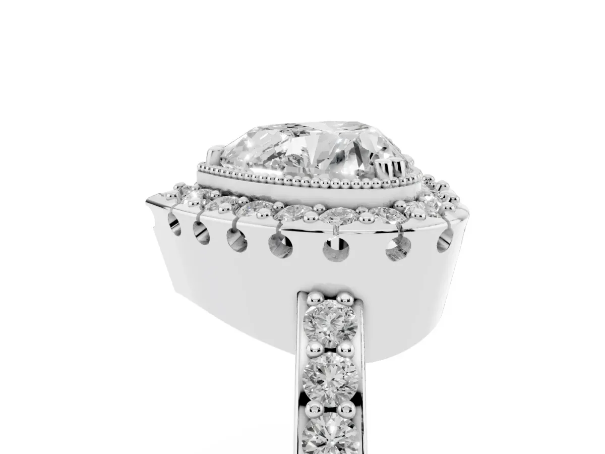 Heart Cut Diamond Halo Ring with Pavé Band and Prong Setting Silver