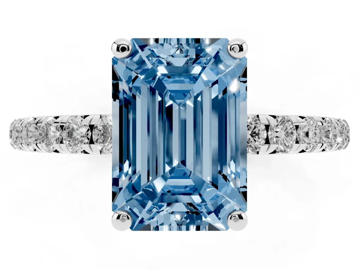 Fancy Blue Emerald Cut Cut Diamond Solitaire Ring with Micro Pave Band and Four Prong Setting Silver