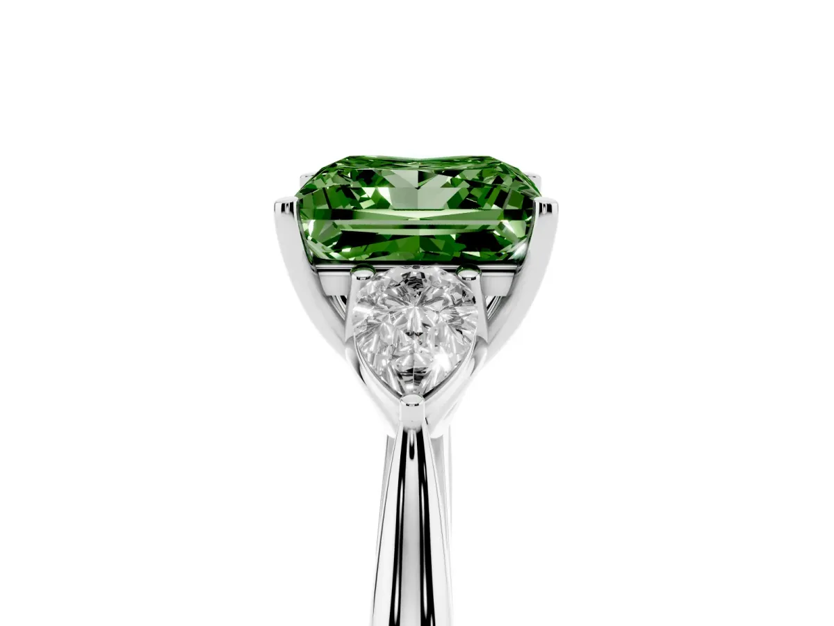 Fancy Green Three-Stone Princess Cut Diamond Ring with Pear Side Stones in Four-Prong Setting Silver
