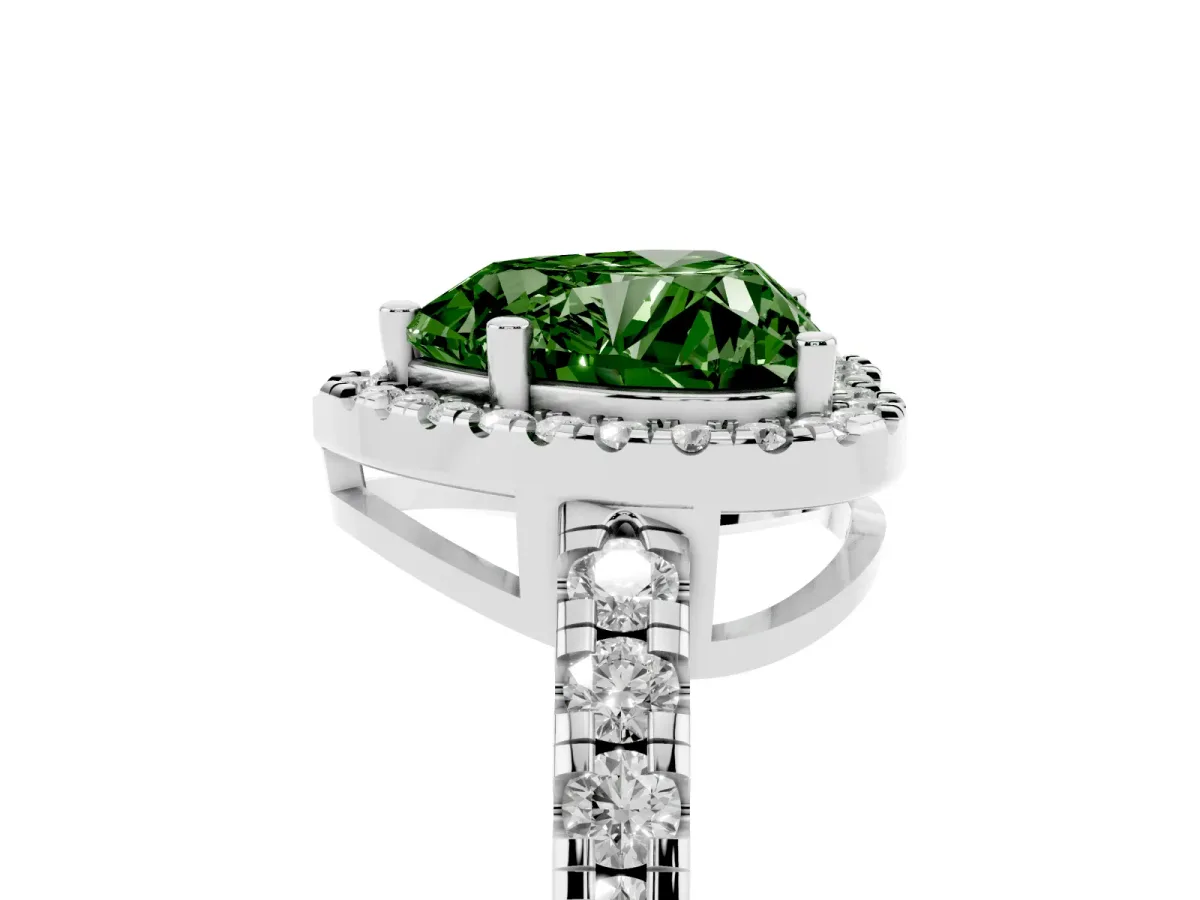 Fancy Green Heart Cut Diamond Halo Ring with Pavé Band and Four-Prong Setting Platinum