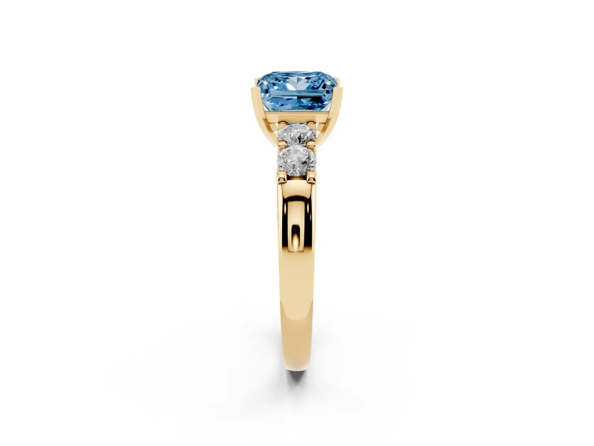 Fancy Blue Princess Cut Brilliant Cut Diamond Five-Stone Prong Set Engagement Ring with Channel Band Yellow gold