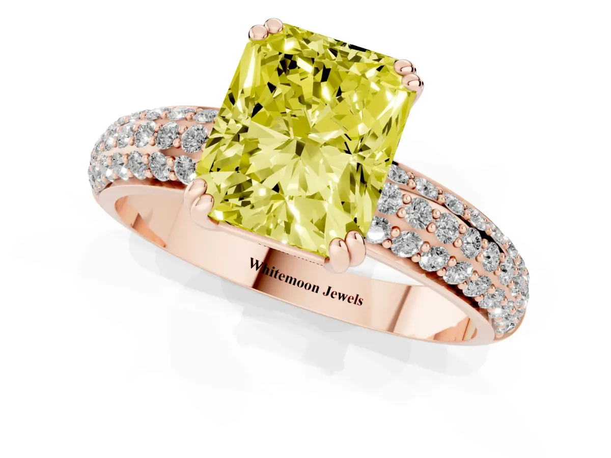 Fancy Yellow Radiant Cut Diamond Solitaire Ring with Multi-Row Round Pavé Band and Prong Setting Rose gold