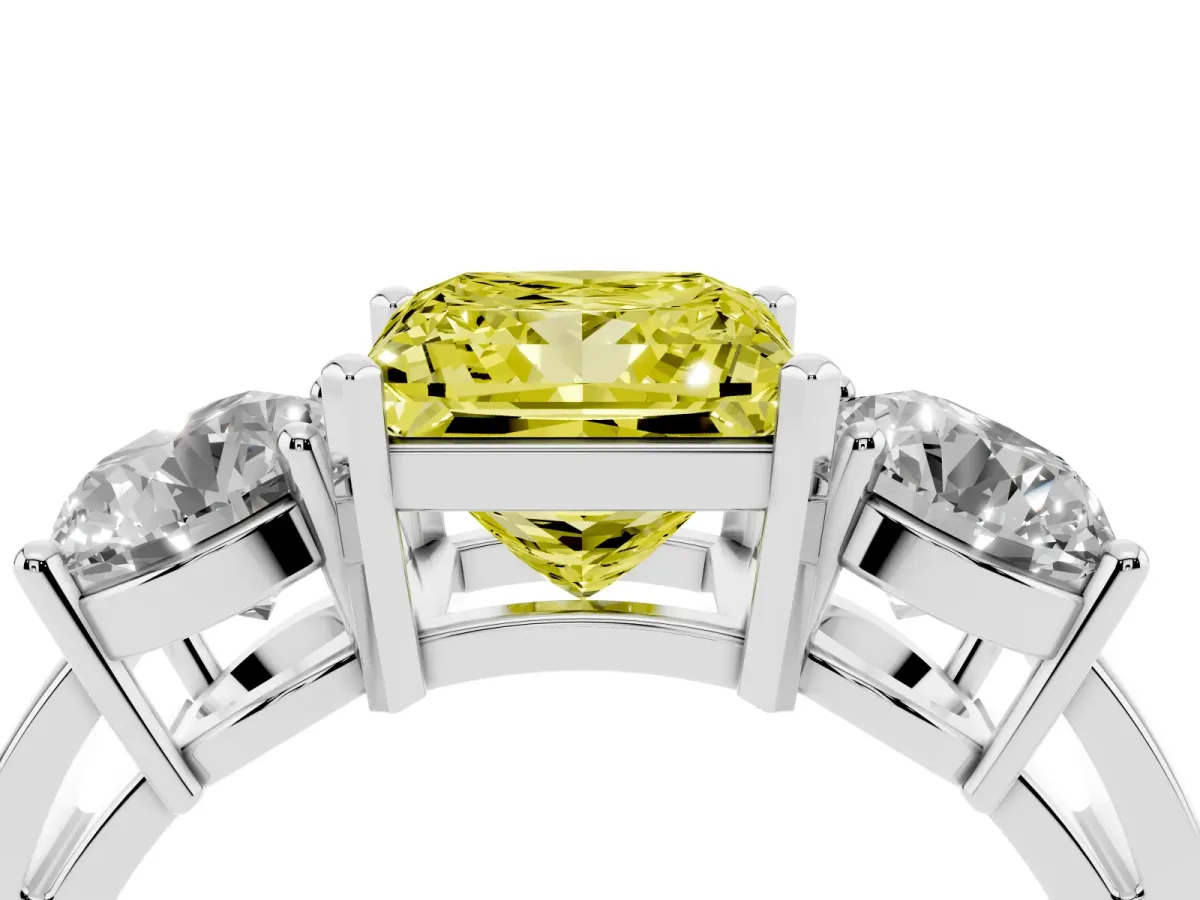 Fancy Yellow Three-Stone Princess Cut Diamond Ring with Round Side Stones, Classic Band, and Four-Prong Setting Platinum