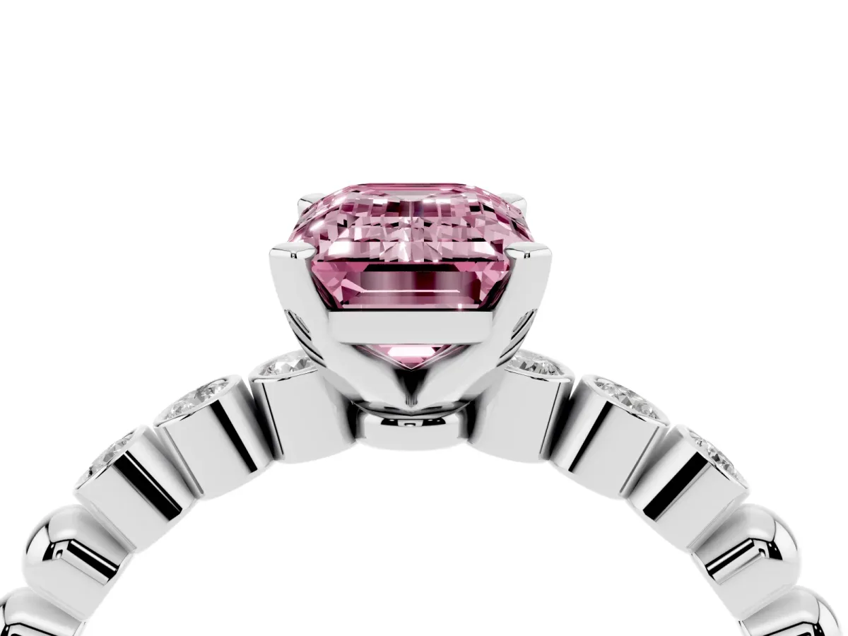 Fancy Pink Emerald Cut Solitaire Bezel Accent Diamond Engagement Ring with Beaded Band and Four-Prong Setting Silver