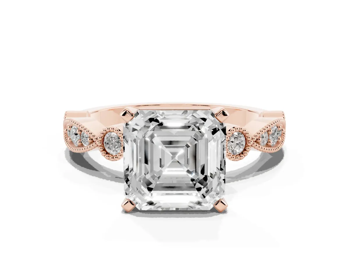 Asscher Cut Milgrain Bezel Diamond Engagement Ring with Solitaire Prong Setting Rose gold