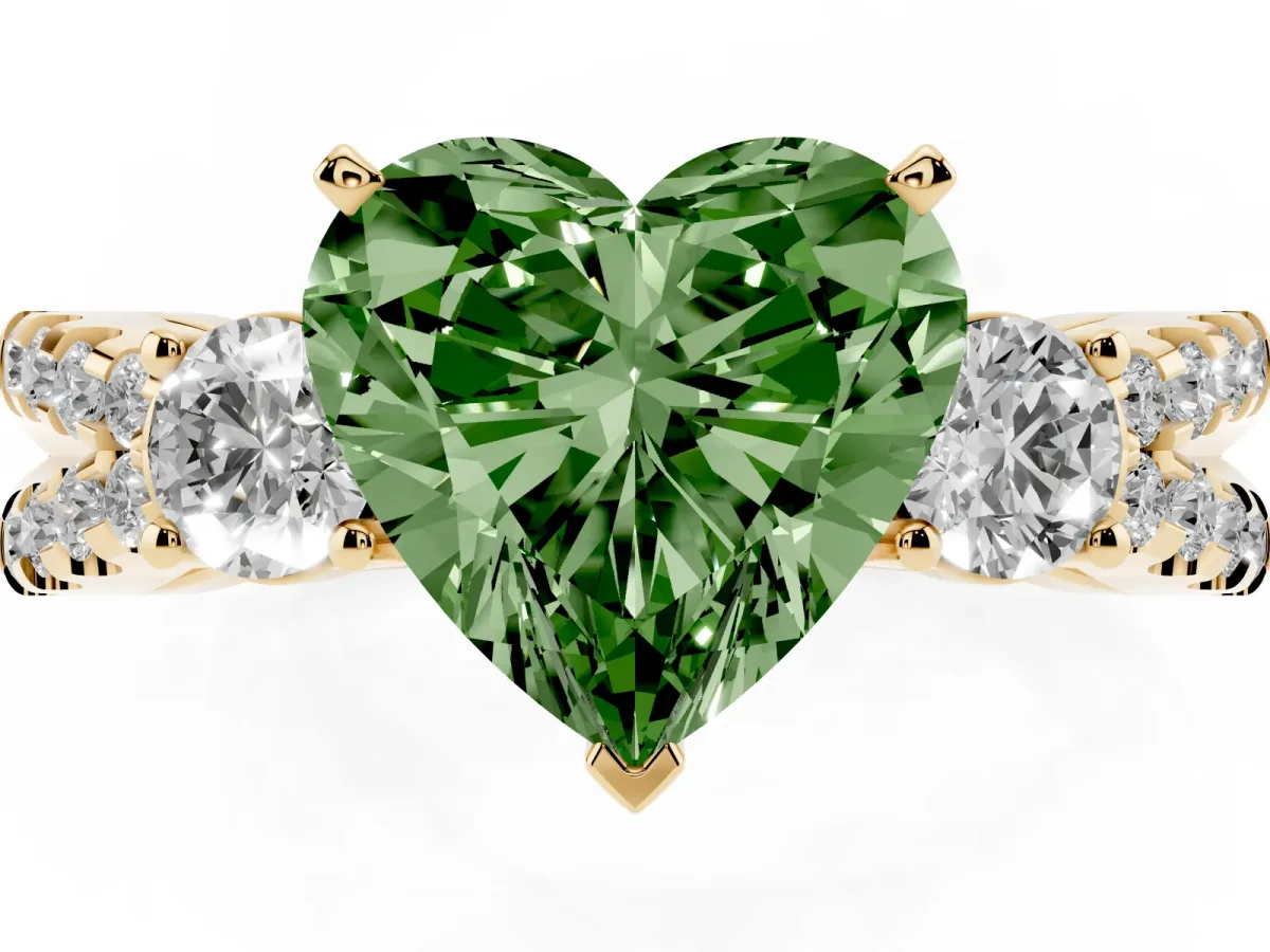 Fancy Green Heart Cut Diamond Three-Stone Ring with Pavé Split Shank and Four-Prong Setting Yellow gold