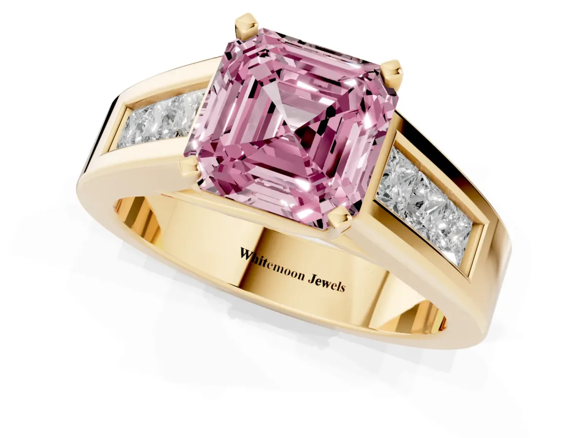 Fancy Pink Asscher Cut Cut Channel Set Solitaire Ring with Four-Prong Setting Yellow gold