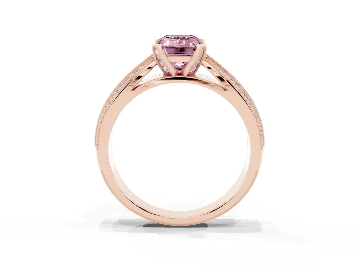 Fancy Pink Emerald Cut Diamond Solitaire Ring with Milgrain Round Pavé Band and Prong Setting Rose gold