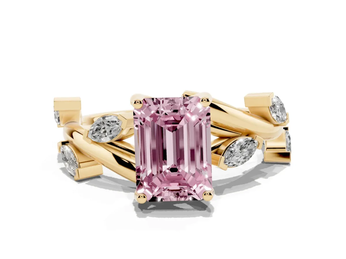 Fancy Pink Emerald Cut Solitaire Twisted Band Marquise Accent Prong Setting Ring Yellow gold