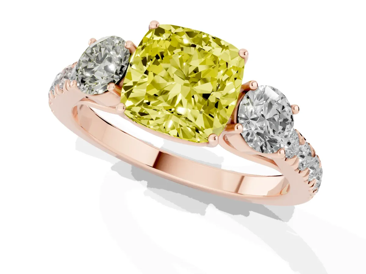 Fancy Yellow Cushion Cut Cut Diamond Three-Stone Ring with Round Side Stones and Pavé Band Rose gold
