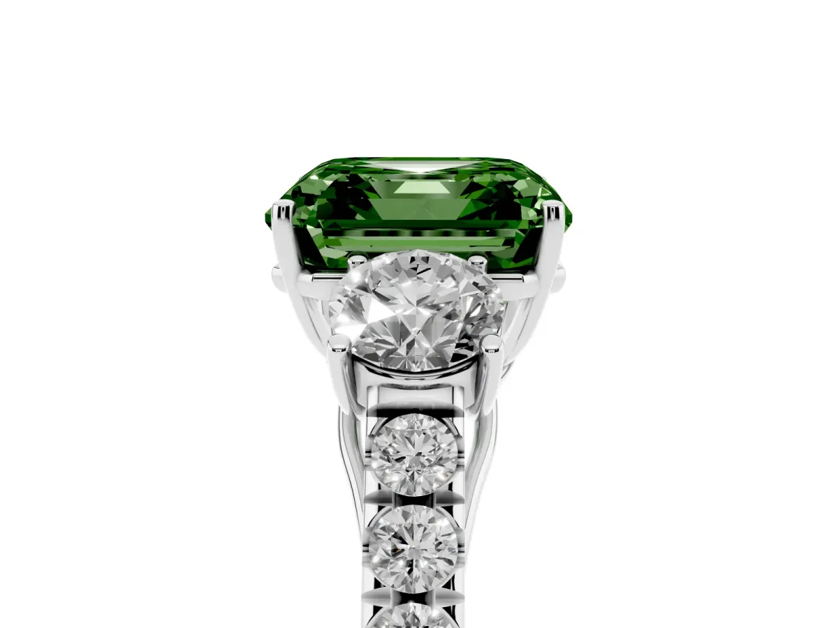 Fancy Green Asscher Cut Cut Diamond Three-Stone Ring with Round Side Stones and Pavé Band Platinum