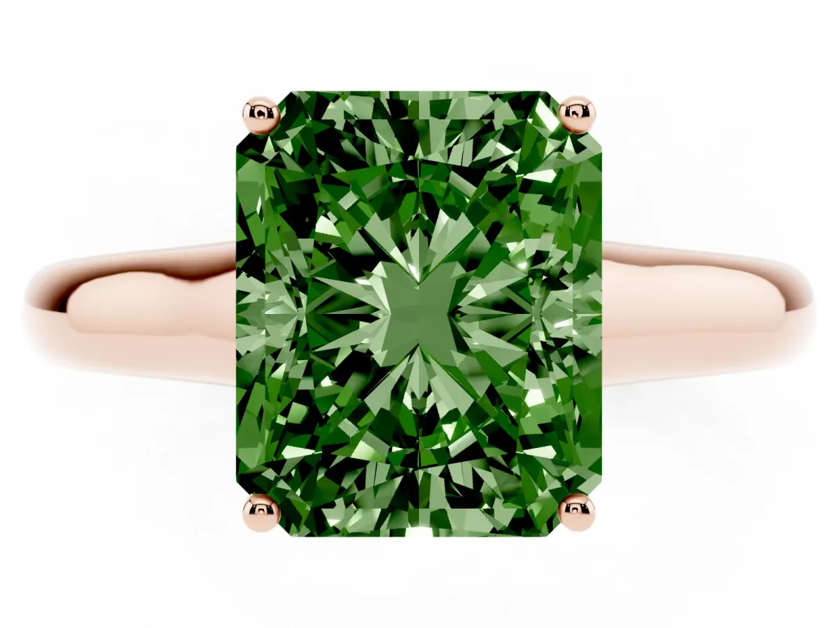 Fancy Green Radiant Cut Solitaire Engagement Ring with Tapered Band and Four-Prong Setting Rose gold
