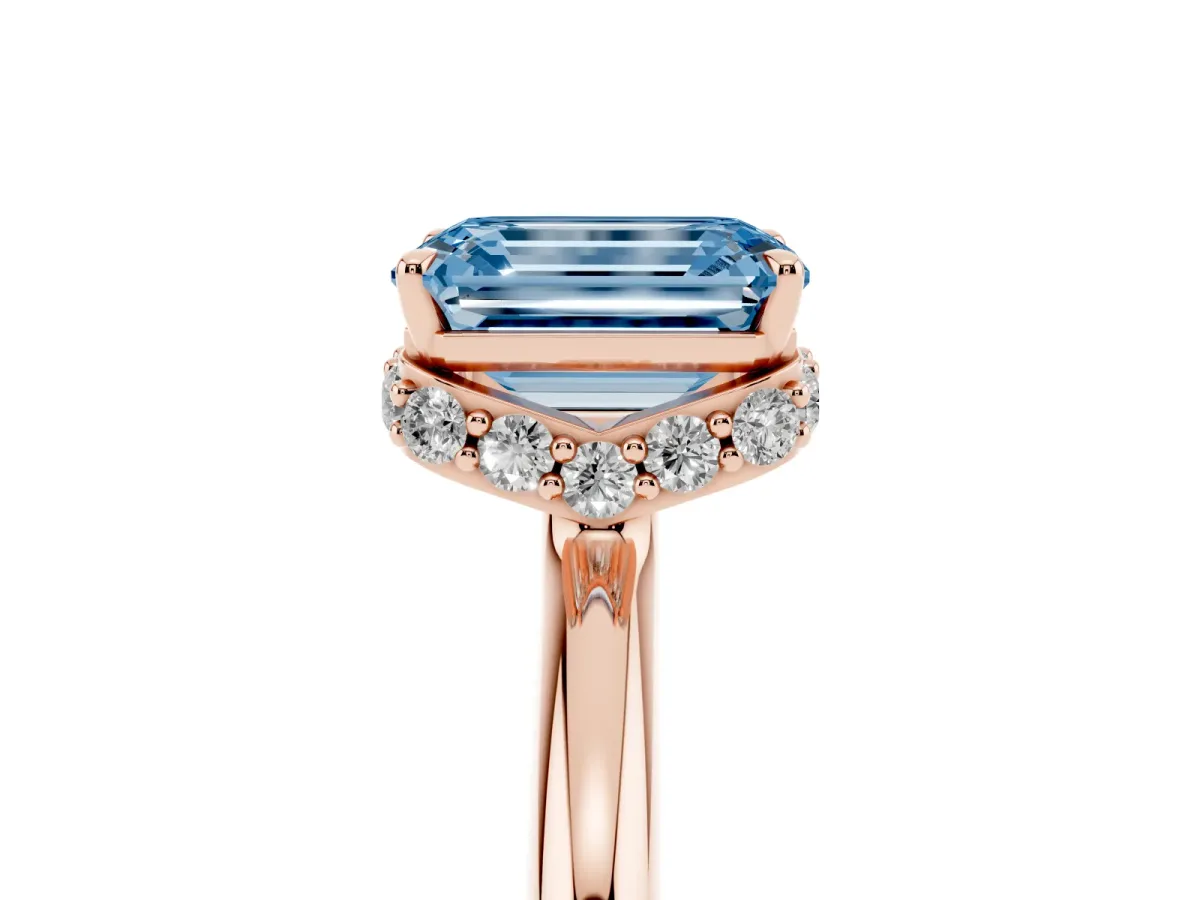 Fancy Blue Emerald Cut Brilliant Solitaire Engagement Ring with Six-Prong Setting and Classic Band Rose gold