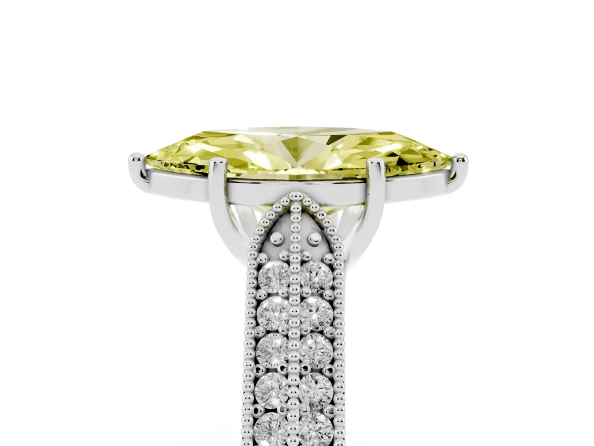 Fancy Yellow Marquise Cut Cut Pave Split Shank Engagement Ring with Four-Prong Setting White gold