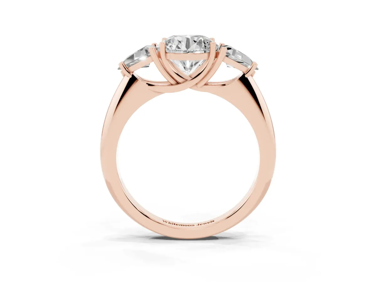 Three-Stone Round Cut Diamond Engagement Ring with Trillion Side Stones and Prong Setting Rose gold