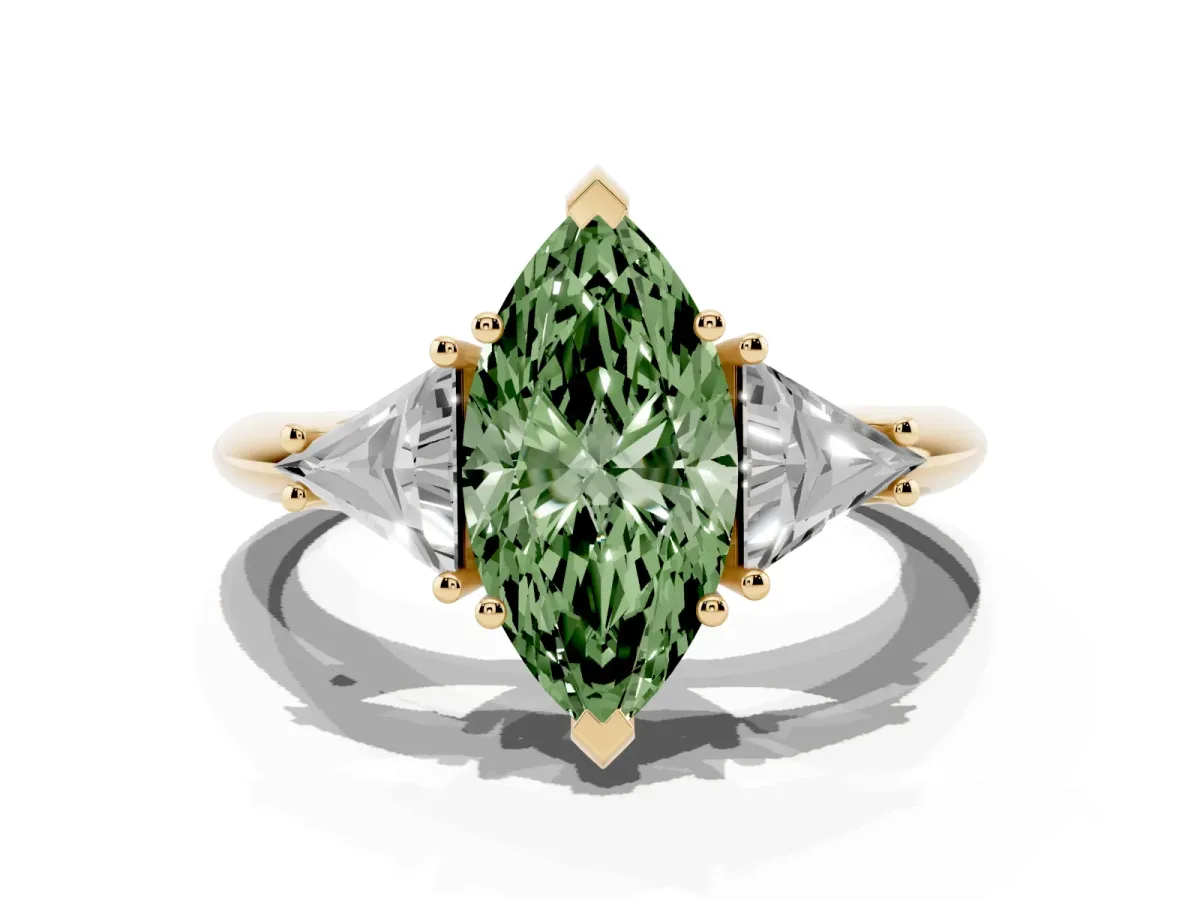 Fancy Green Three-Stone Marquise Cut Diamond Engagement Ring with Trillion Side Stones and Prong Setting Yellow gold