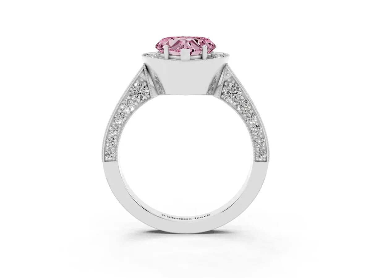 Fancy Pink Heart Cut Halo Diamond Engagement Ring with Split Shank Band and Four-Prong Setting Silver