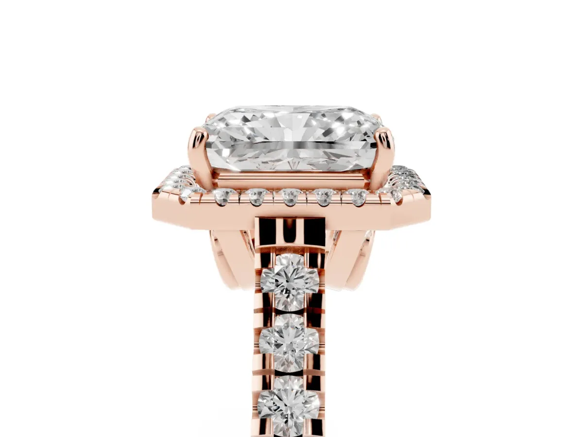 Radiant Cut Halo Pavé Diamond Engagement Ring with Four-Prong Setting Rose gold