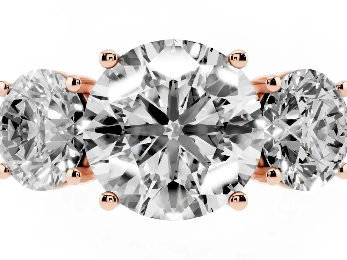 Three-Stone Round Cut Diamond Ring with Round Pavé Band and Prong Setting Rose gold