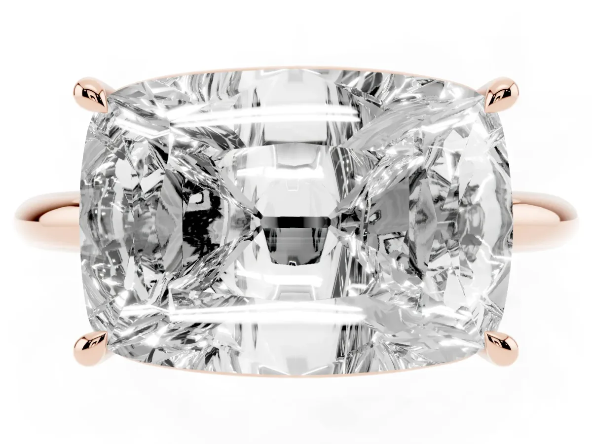 Old Mine Elongated Cushion Diamond East-West Bezel Set Four Claw Solitaire Ring Rose gold