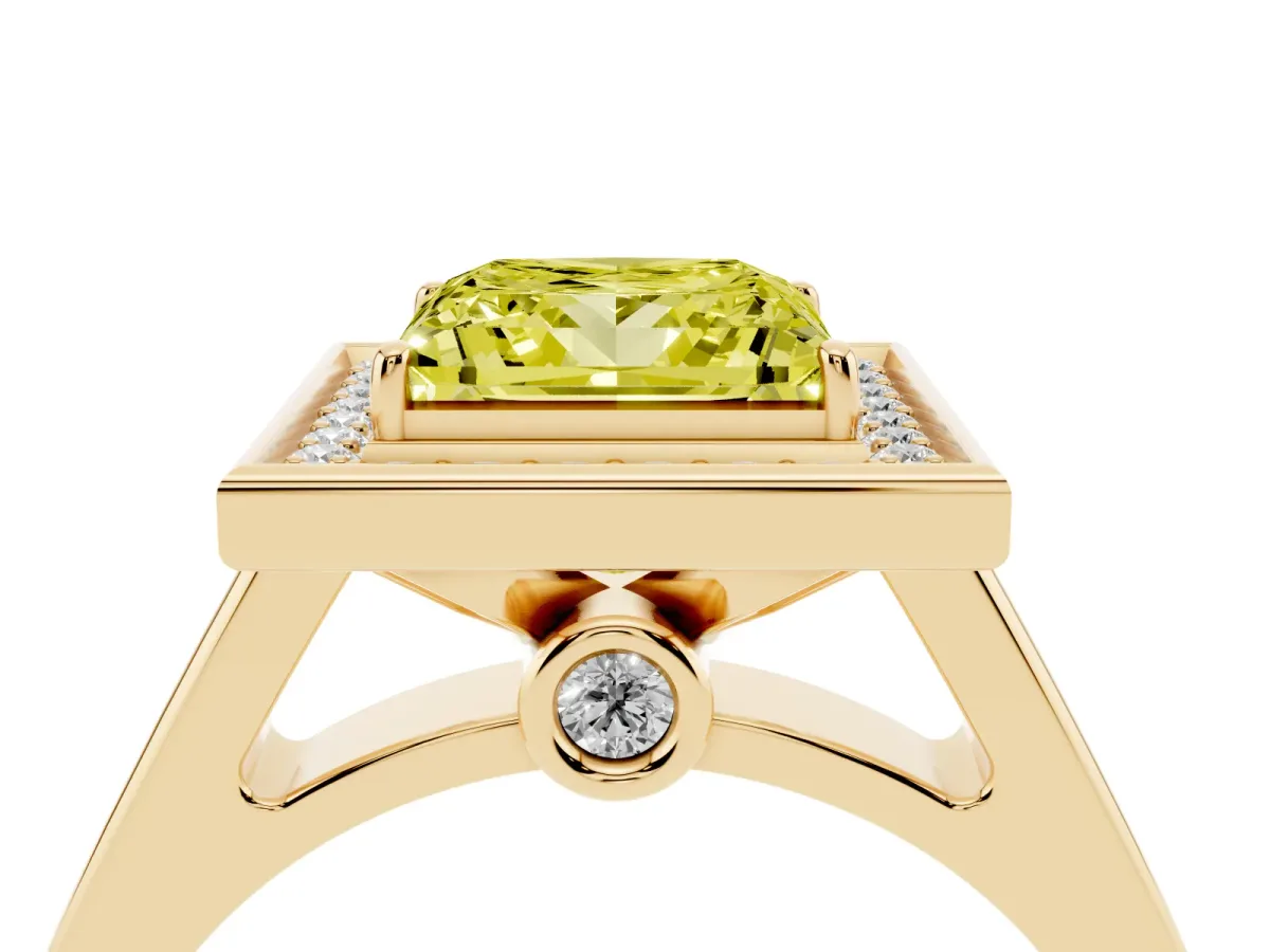 Fancy Yellow Princess Cut Halo Solitaire Diamond Ring with Pave Band and Bezel Setting Yellow gold