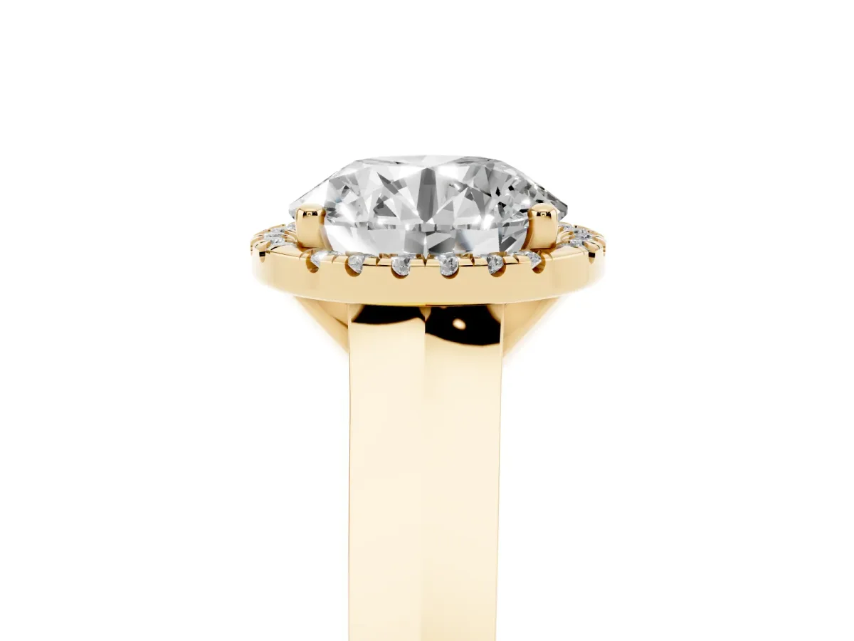 Round Cut Halo Diamond Ring with Cathedral Band and Four-Prong Setting Yellow gold