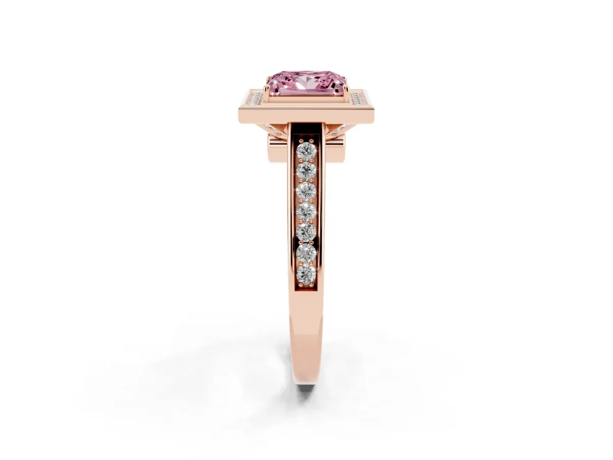 Fancy Pink Princess Cut Halo Solitaire Diamond Ring with Pave Band and Bezel Setting Rose gold