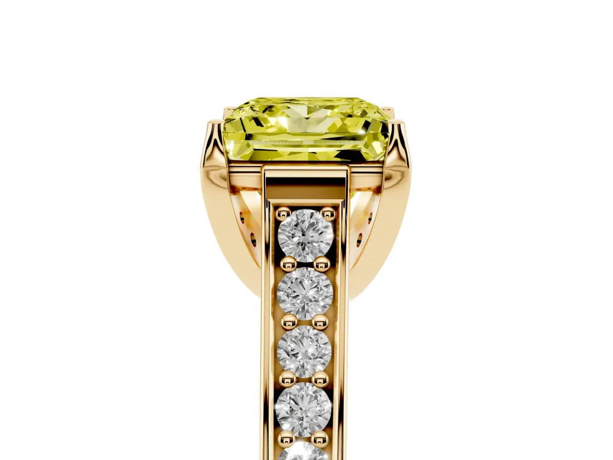 Fancy Yellow Princess Cut Brilliant Cut Diamond Engagement Ring with Pavé Band and Four-Prong Setting Yellow gold