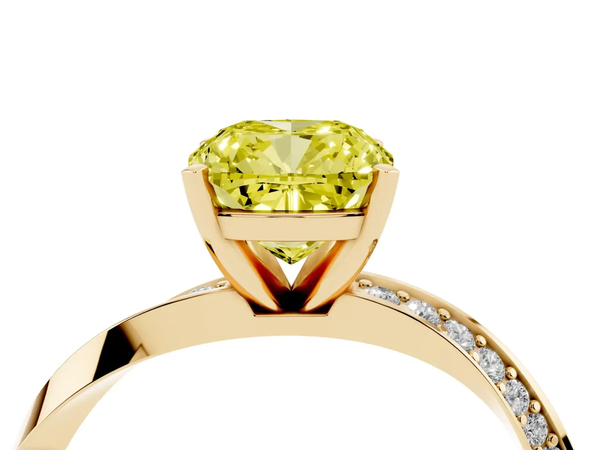 Fancy Yellow Cushion Cut Diamond Engagement Ring with Side Stone Accents and Four-Prong Setting Yellow gold
