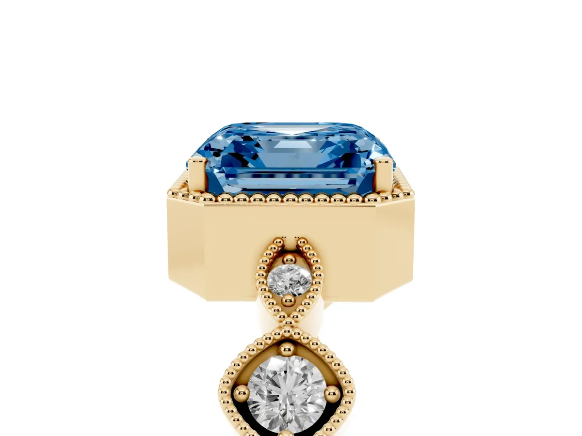 Fancy Blue Asscher Cut Diamond Vintage Milgrain Ring with Round Stations Yellow gold